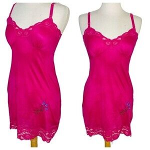 Vintage Lingerie Fuchsia Pink Barbiecore Embroidered  Slip Nightgown - Small